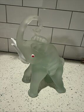 Vintage Frosted Glass Elephant Figurine Red Eyes White Tusks